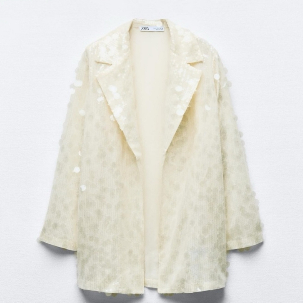 ZARA SEQUIN OPEN FRONT BLAZER Size S Cream - Picture 4 of 16